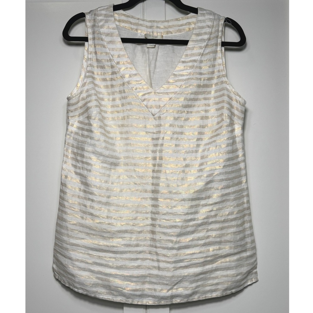 St Tropez West Womens Small White Gold Metallic Striped 100% Linen V-Neck Tank